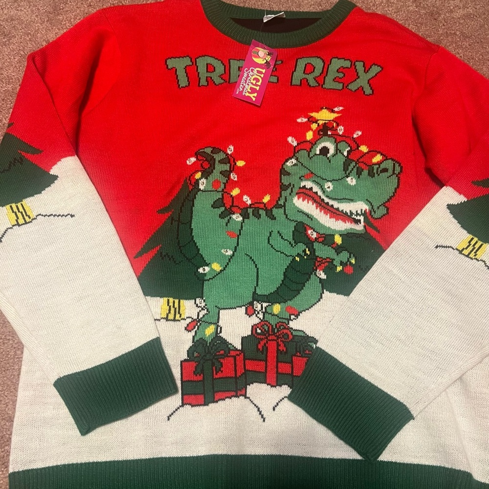 Ugly Christmas‎ Sweater Dinosaur T-Rex Dino Tree Lights Large Mens Womens NWT